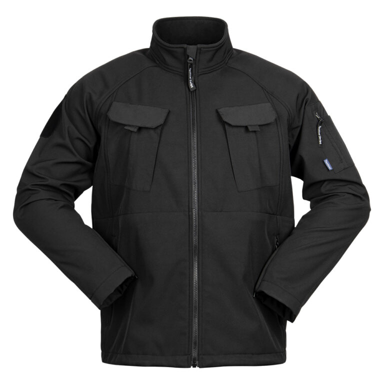 Črna vojaška jakna softshell s stoječim ovratnikom
