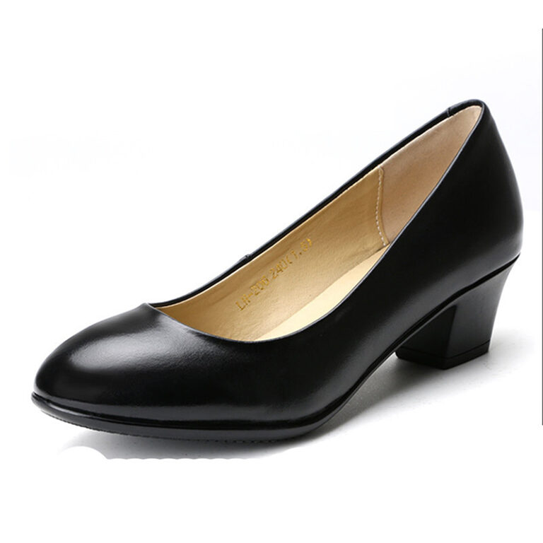 Chunky Heel Black Professional Women’s Leather Shoes – Formal Versatile Simple Women’s Shoes