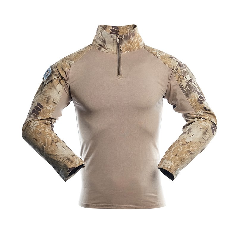 Chemise de combat à manches longues résistante, avec manches camouflage désert, tissu respirant et conception tactique. Idéale pour les activités militaires, l'airsoft et les activités de plein air.