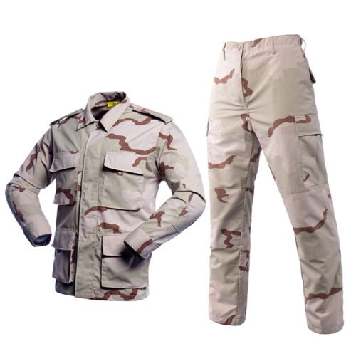 BDU tactical uniform set in three-color desert camouflage, ripstop fabric with multiple cargo pockets
