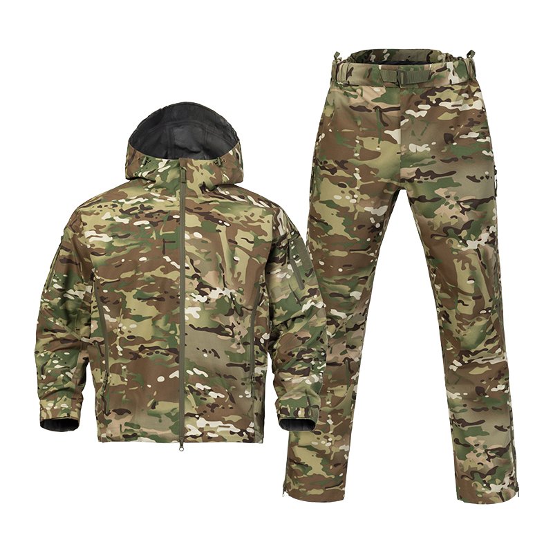 Waterproof tactical uniform in multicam camouflage with hooded jacket and cargo pants, designed for outdoor, training, and all-weather tactical use.