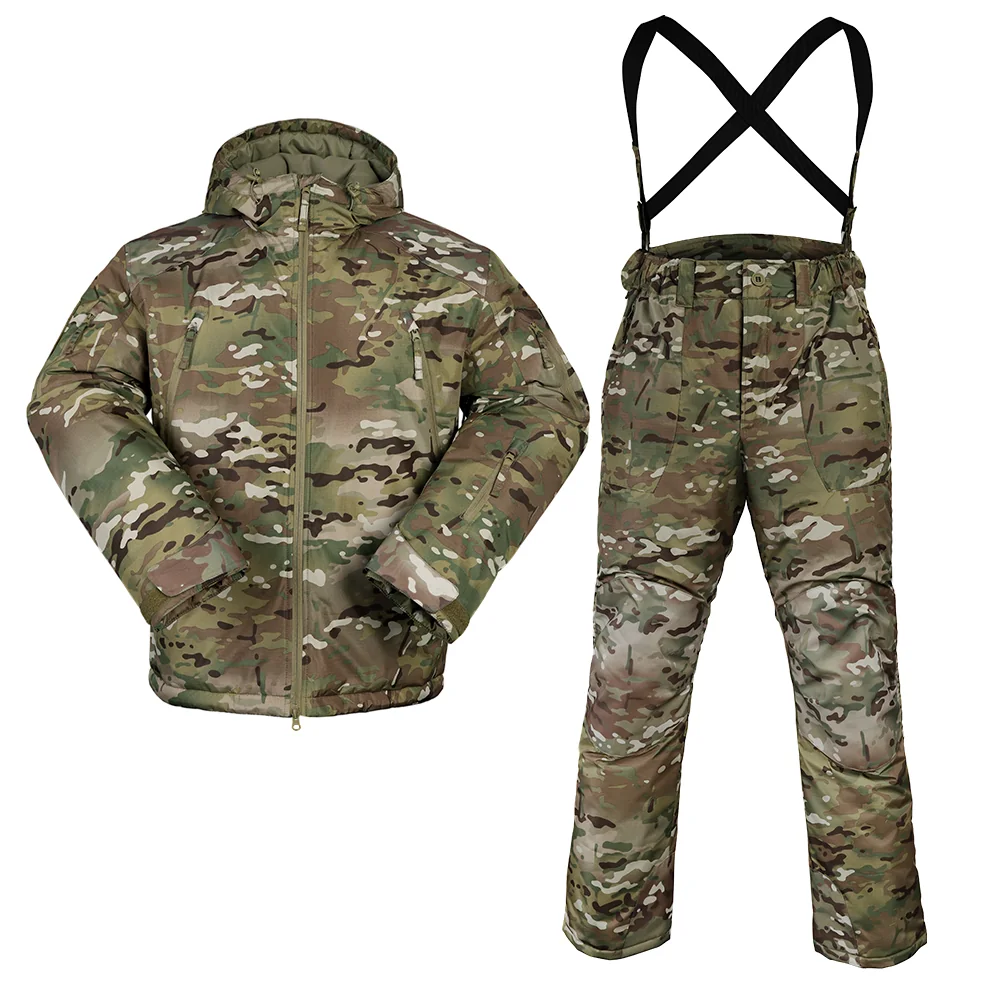 Tactical winter suit pants with suspenders for secure fit and comfort. Water-resistant and insulated for extreme weather conditions.
