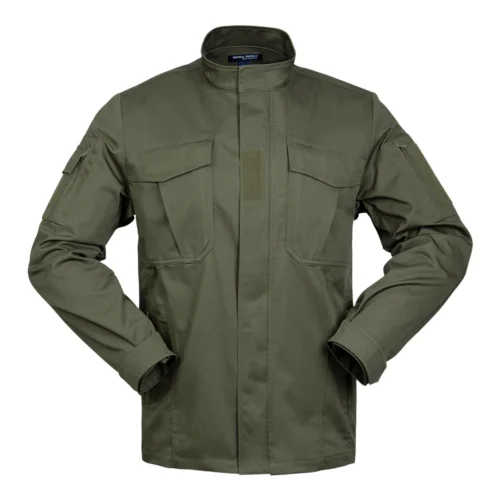 Front view of tactical coat designed for function and style. Features adjustable cuffs, high collar, and spacious chest pockets for gear storage.