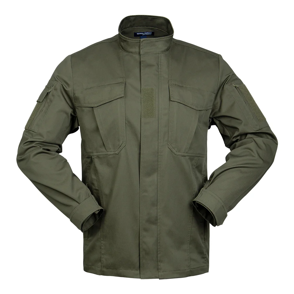 Front view of tactical coat designed for function and style. Features adjustable cuffs, high collar, and spacious chest pockets for gear storage.