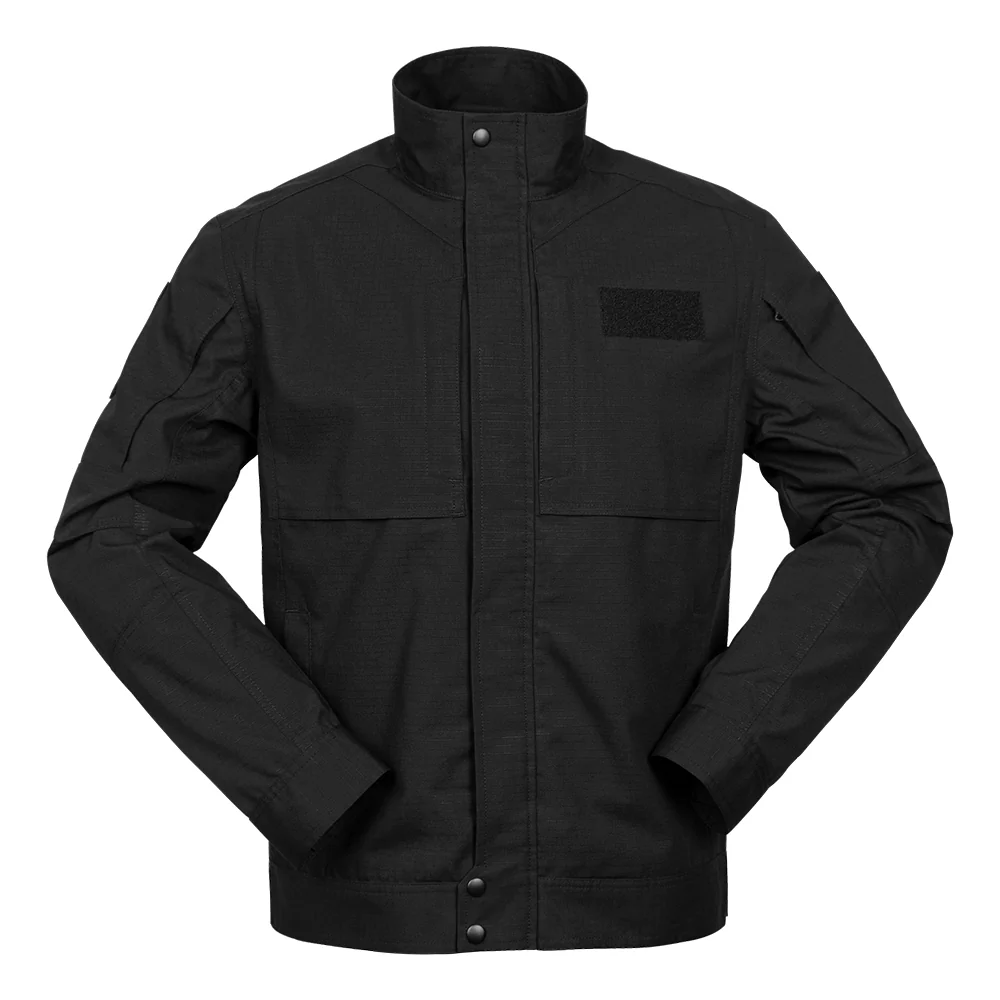 Front display of black tactical jacket featuring chest velcro, multiple pockets, and high collar. Designed for law enforcement, security, and outdoor missions.