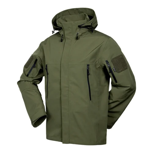 Army green waterproof jacket with hood. Windproof, water-resistant, and breathable softshell design, great for outdoor activities and travel.