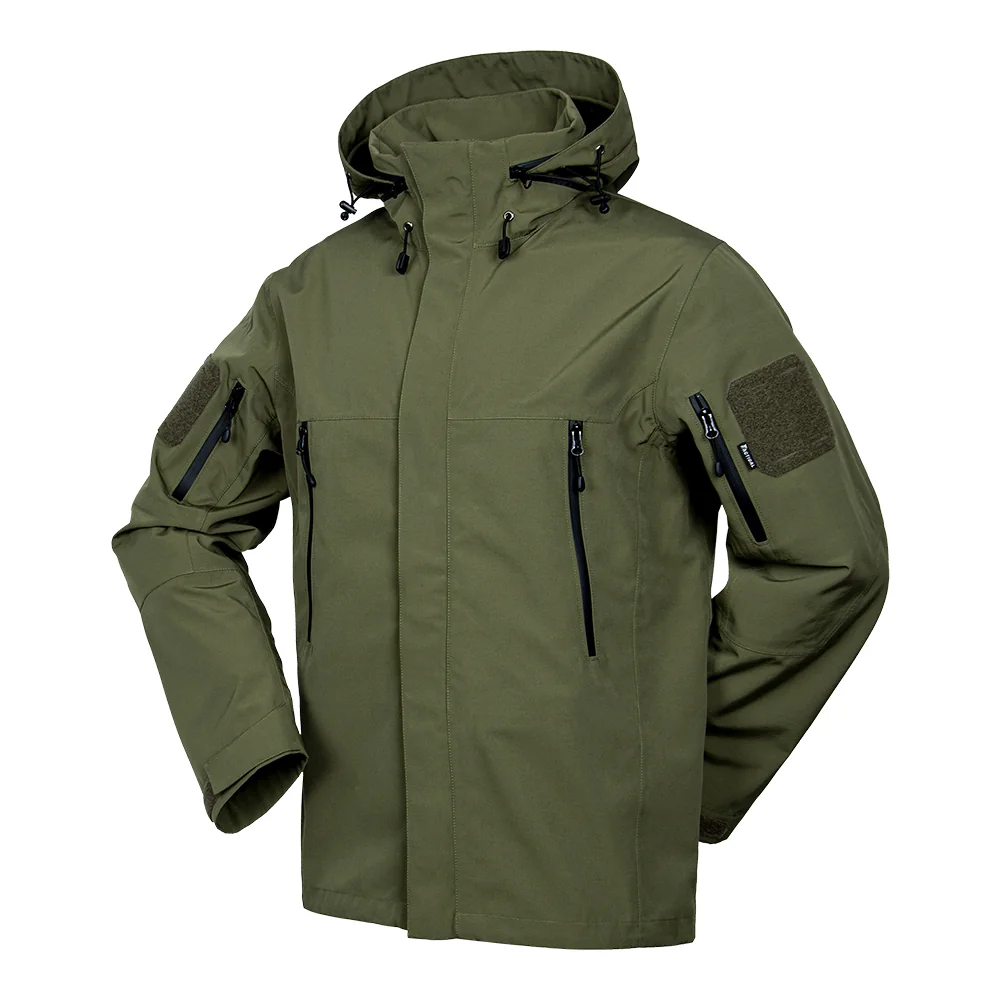 Army green waterproof jacket with hood. Windproof, water-resistant, and breathable softshell design, great for outdoor activities and travel.