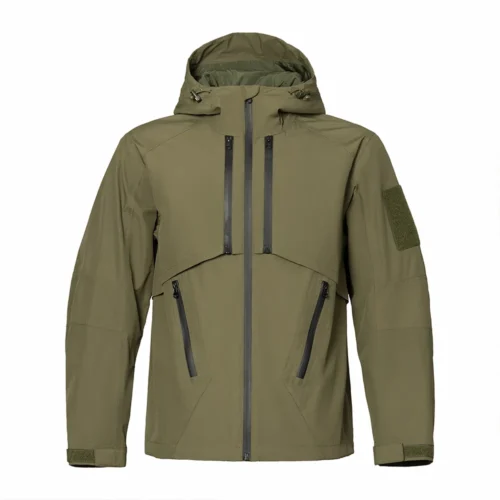 Classic olive green jacket windbreaker with waterproof zippers. Lightweight, breathable, and protective hard shell for outdoor sports.