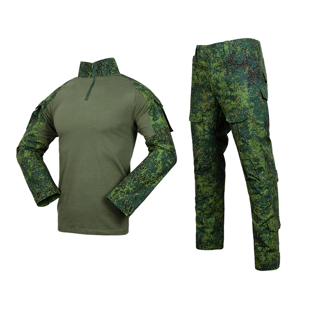 Full front view of tactical apparel in digital camo, featuring a combat shirt and cargo pants for military, airsoft, and training use.
