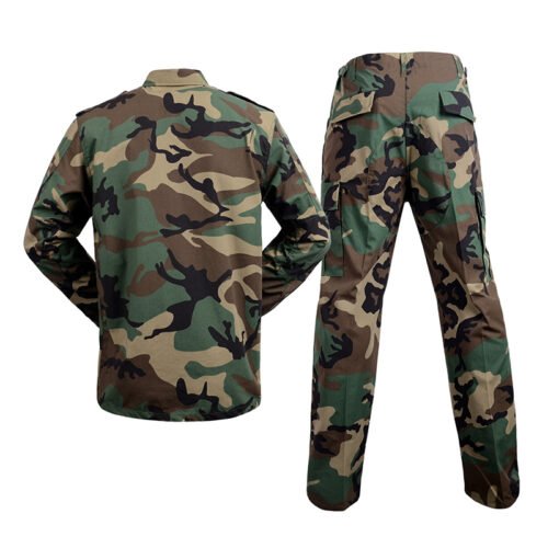 Classic BDU tactical uniform in woodland camouflage, durable ripstop fabric for outdoor and field use