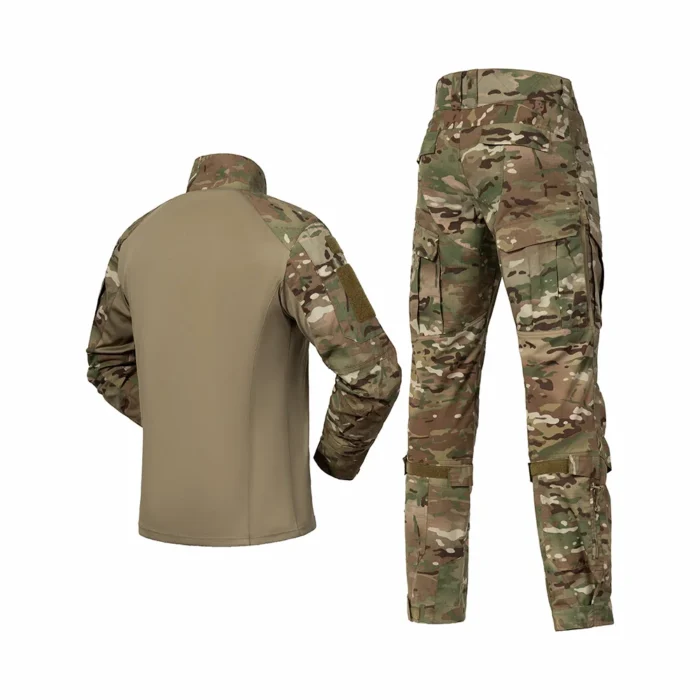 Complete A8 camouflage tactical suit three-piece set with reinforced stitching and multi-pocket design. Perfect for training, airsoft, and military-style activities.