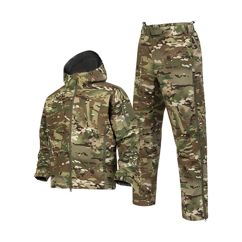Side view of waterproof tactical uniform showing hooded jacket and ripstop pants in camouflage, offering windproof and rainproof protection for field activities.