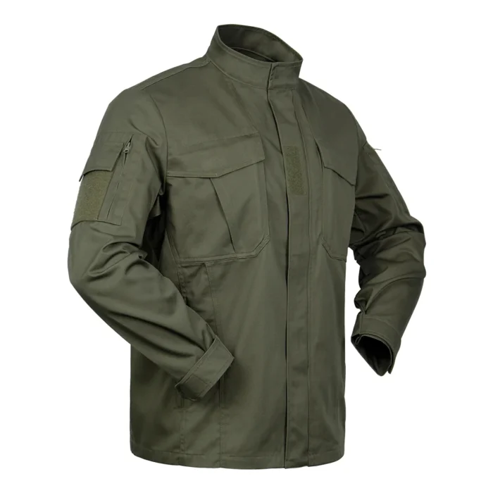 Olive green tactical coat with multiple front pockets, velcro sleeve patch, and utility design. Perfect for army training, hunting, or hiking.