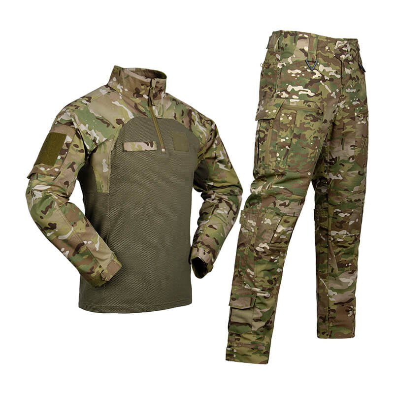 Side view of camouflage tactical operator suit, featuring ergonomic fit and reinforced combat-ready design for maximum mobility.
