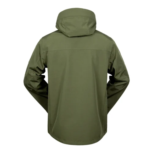 Back view of the men’s waterproof jacket in army green. Simple and durable hooded design, perfect for outdoor sports and everyday wear.
