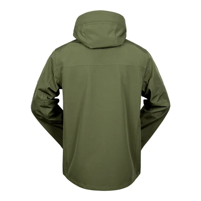 Back view of the men’s waterproof jacket in army green. Simple and durable hooded design, perfect for outdoor sports and everyday wear.