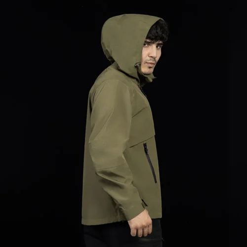 Lightweight olive green jacket windbreaker with hood. Durable waterproof hard shell design, ideal for hiking, camping, and outdoor activities.
