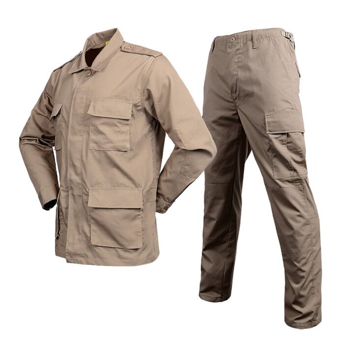 BDU tactical uniform in khaki, lightweight breathable fabric, reinforced stitching for workwear and security use