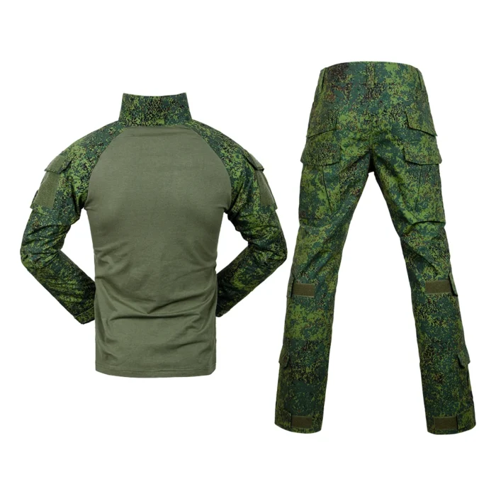 Back view of digital camouflage tactical apparel set, including combat shirt and pants with durable ripstop fabric and multiple pockets.