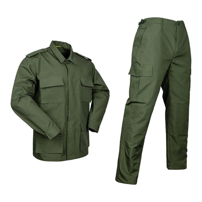 BDU tactical uniform in solid army green color, durable ripstop fabric, professional duty wear