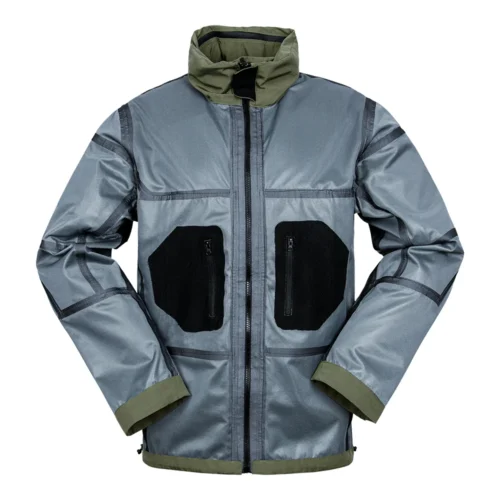 Inside view of the waterproof jacket with breathable mesh lining and reinforced stitching, designed for outdoor comfort and durability.