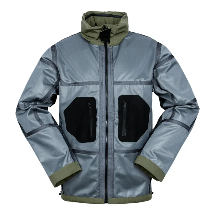 Inside view of the waterproof jacket with breathable mesh lining and reinforced stitching, designed for outdoor comfort and durability.