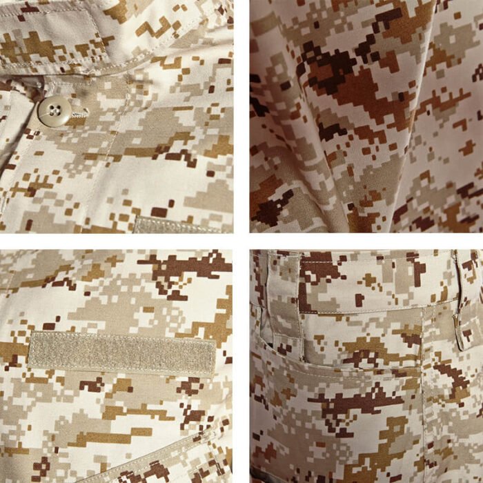 Close-up details of ACU Uniform desert digital fabric, reinforced stitching and high-quality ripstop for durability.