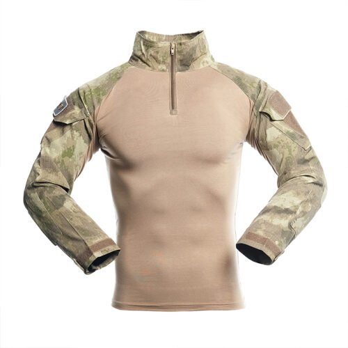 Long sleeve combat shirt with green camouflage sleeves and khaki body. Lightweight, breathable, and designed for military training or outdoor tactical missions.