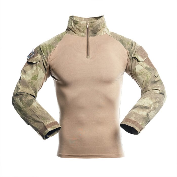 Combat Shirt Army Green – Long Sleeve Tactical Military Top Long sleeve combat shirt with green camouflage sleeves and khaki body. Lightweight, breathable, and designed for military training or outdoor tactical missions.