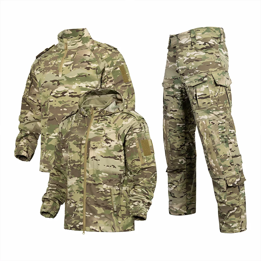 Complete combat uniform with tactical jacket, combat shirt, and pants. CP camouflage design, tear-resistant ripstop fabric, suitable for field operations.