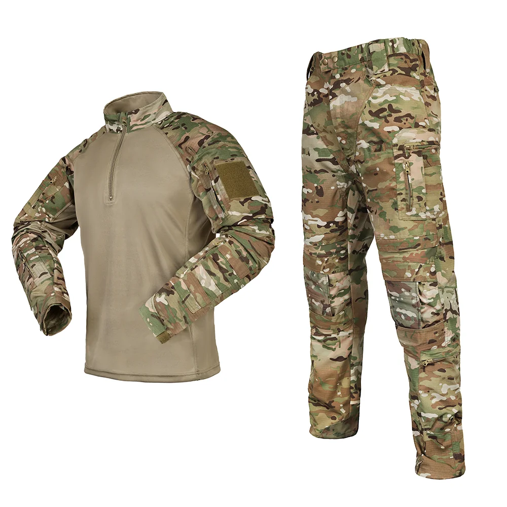Multicam military combat uniform made with breathable and tear-resistant fabric. Tactical shirt and camo pants designed for airsoft, outdoor, and military training.
