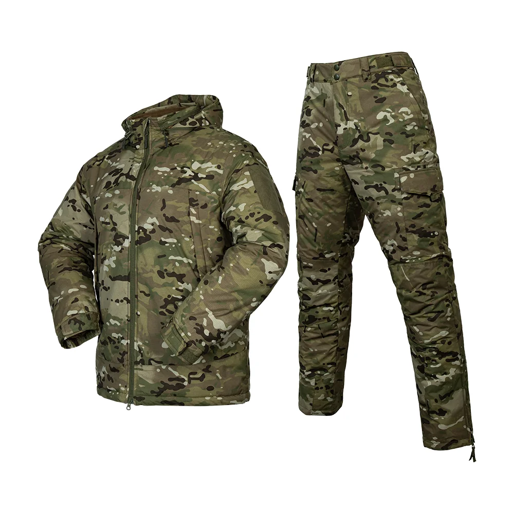 Multicam combat uniform with winter jacket and pants. Tactical cold weather gear suitable for military training, outdoor survival, and field missions.