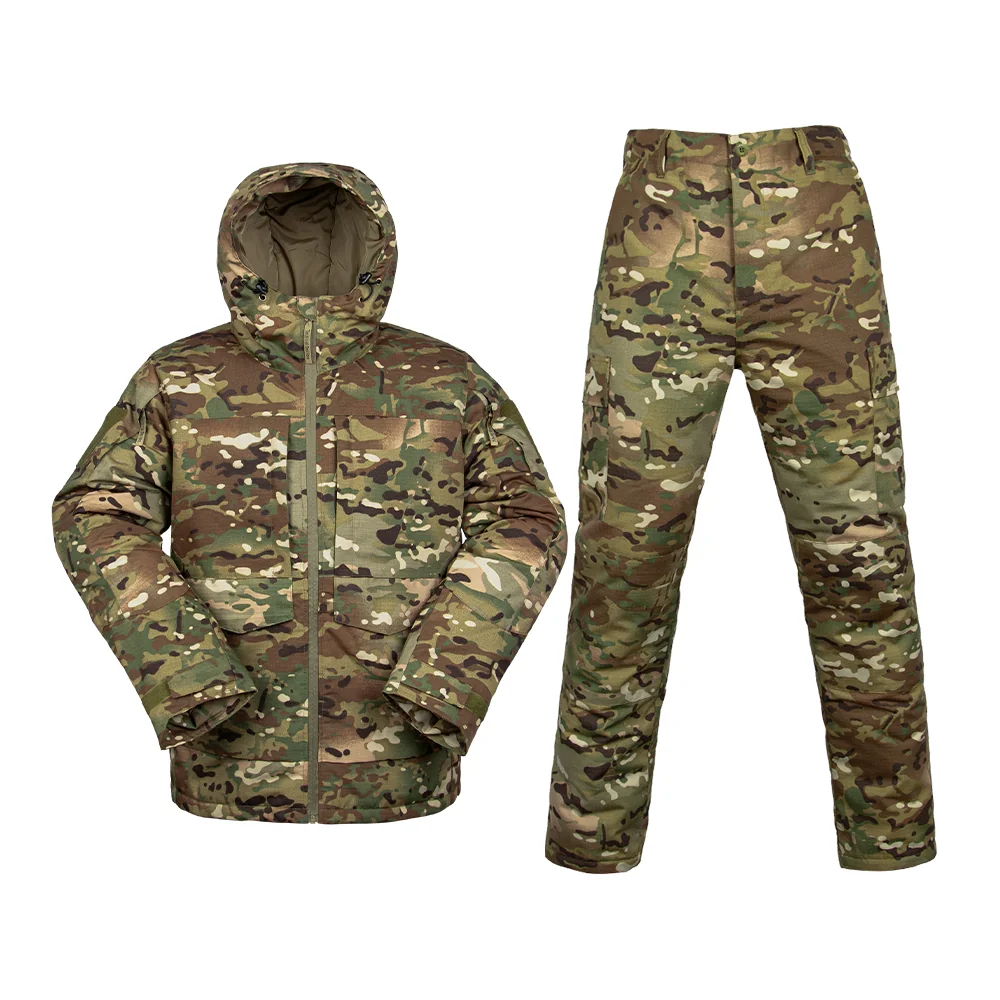 Durable military combat uniform with winter insulated jacket and tactical pants in CP camouflage. Designed for outdoor, army, and tactical use in cold conditions.