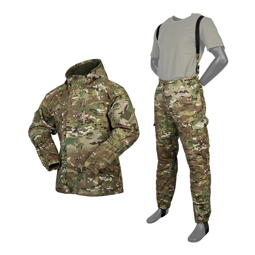 Full tactical uniform set with combat jacket and pants in green camouflage, designed for durability, protection, and outdoor tactical missions.