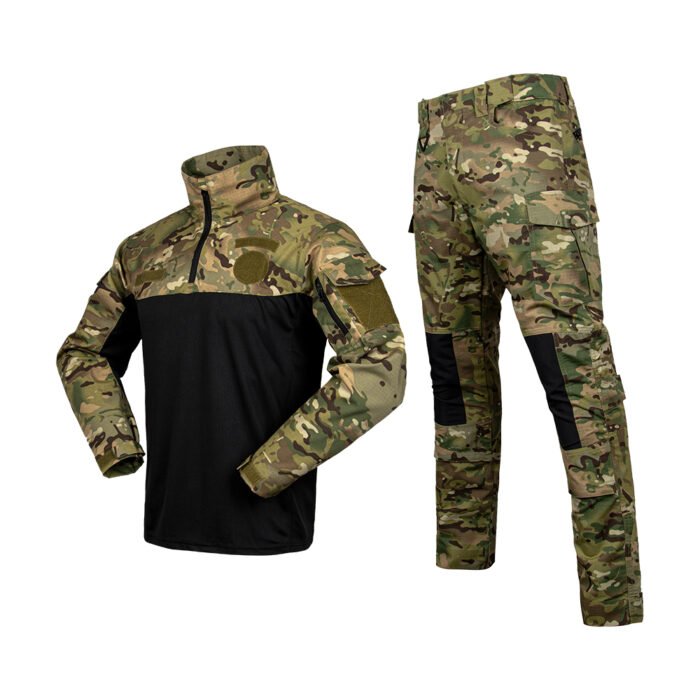 Multicam tactical uniform set with camouflage combat shirt and pants, designed for breathability, mobility, and outdoor performance.
