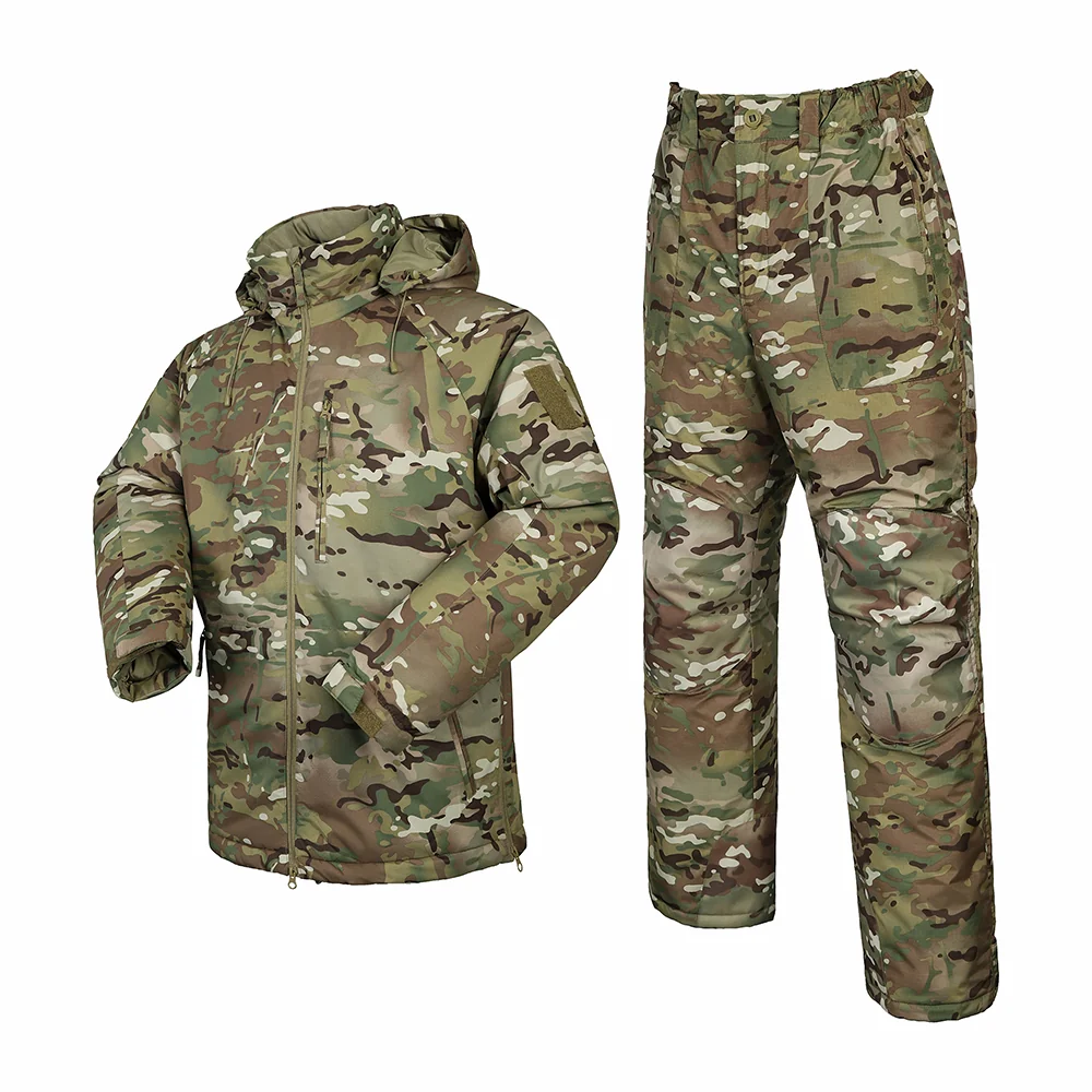 Tactical camo uniform winter set with insulated jacket and pants. Provides warmth, durability, and camouflage for field operations and outdoor survival.