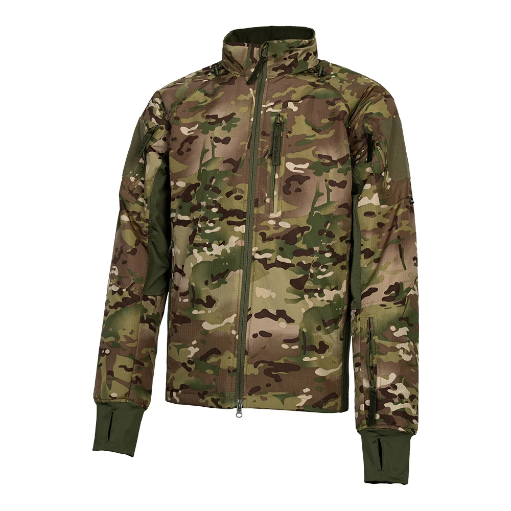 Front view of CP camo tactical winter jacket. Heavy-duty, insulated, and windproof, suitable for outdoor sports, survival training, and military use.