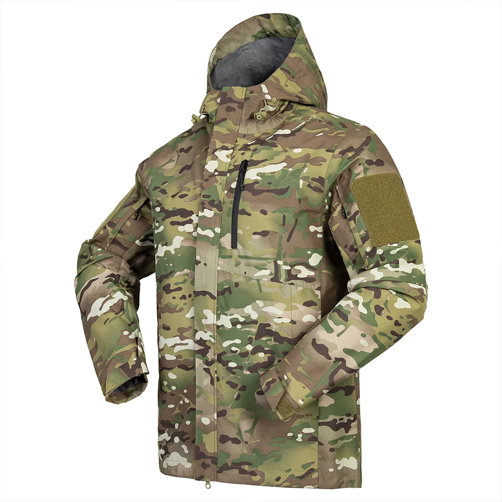 High-performance waterproof camo jacket with adjustable hood and zipper closure. Perfect for camping, trekking, and tactical missions.