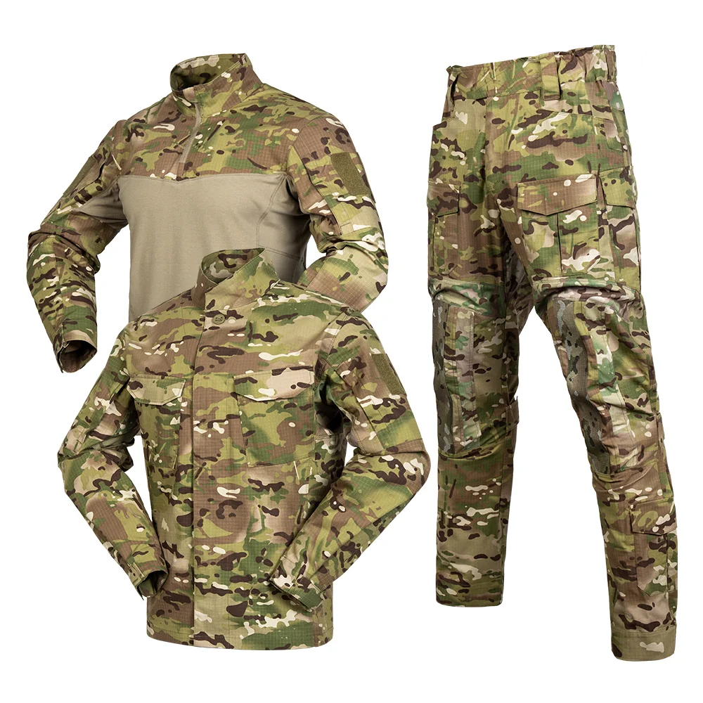 Full set camo uniform with combat shirt, jacket, and cargo pants, designed for durability, breathability, and field performance.