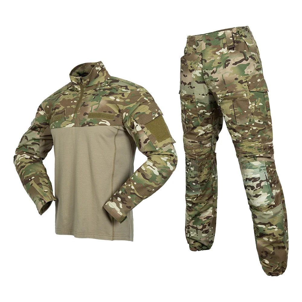 Durable army uniform camo in multicam design, featuring ripstop fabric, breathable shirt and reinforced pants for tactical, military, and outdoor use.