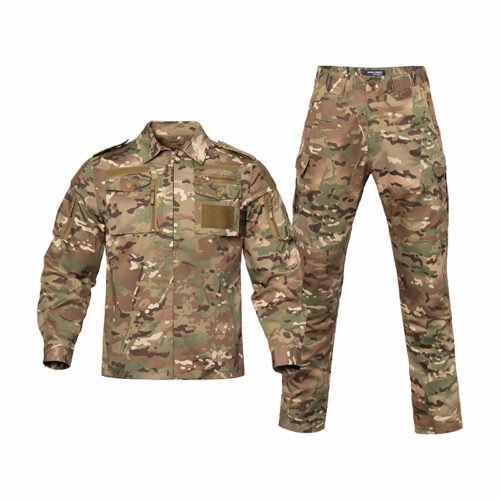 Tactical uniform in CP camouflage, durable ripstop fabric with multiple functional pockets for outdoor use
