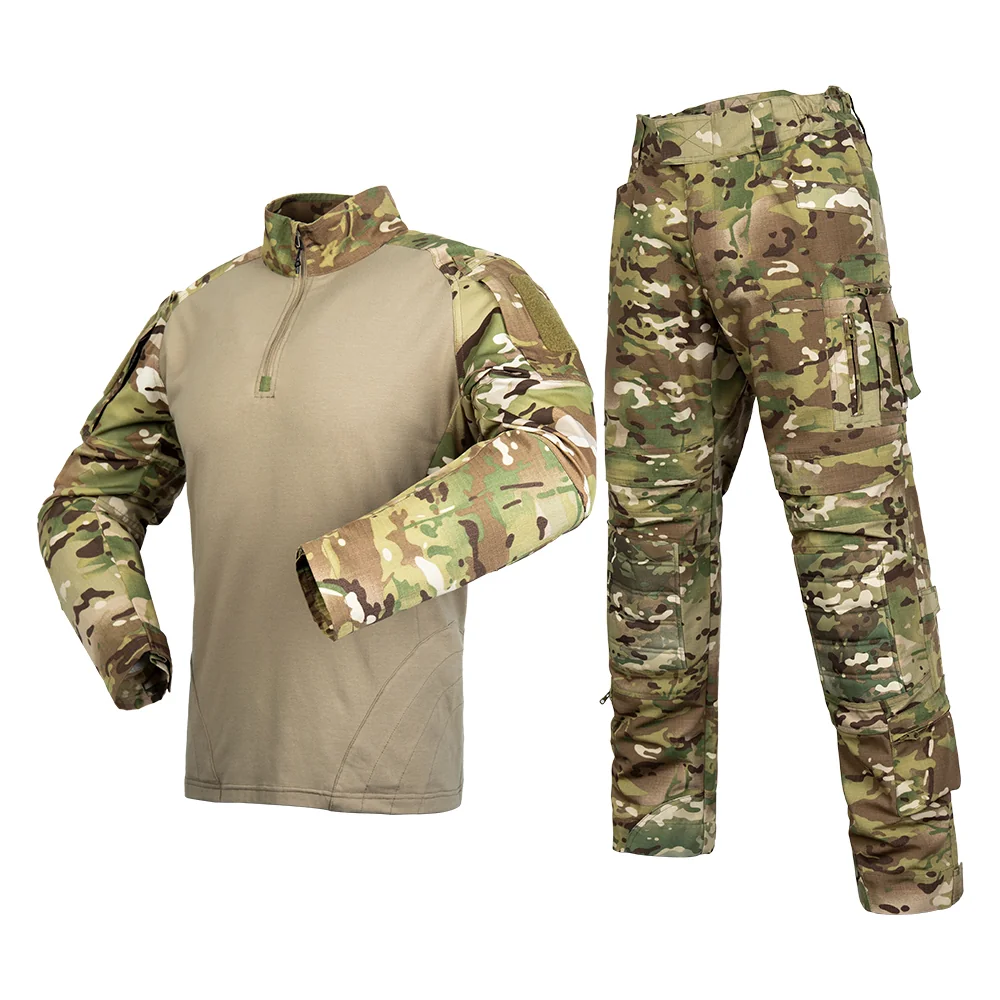 Durable camo army uniform set with breathable combat shirt and cargo pants. Designed for tactical training, military simulation, and outdoor activities.