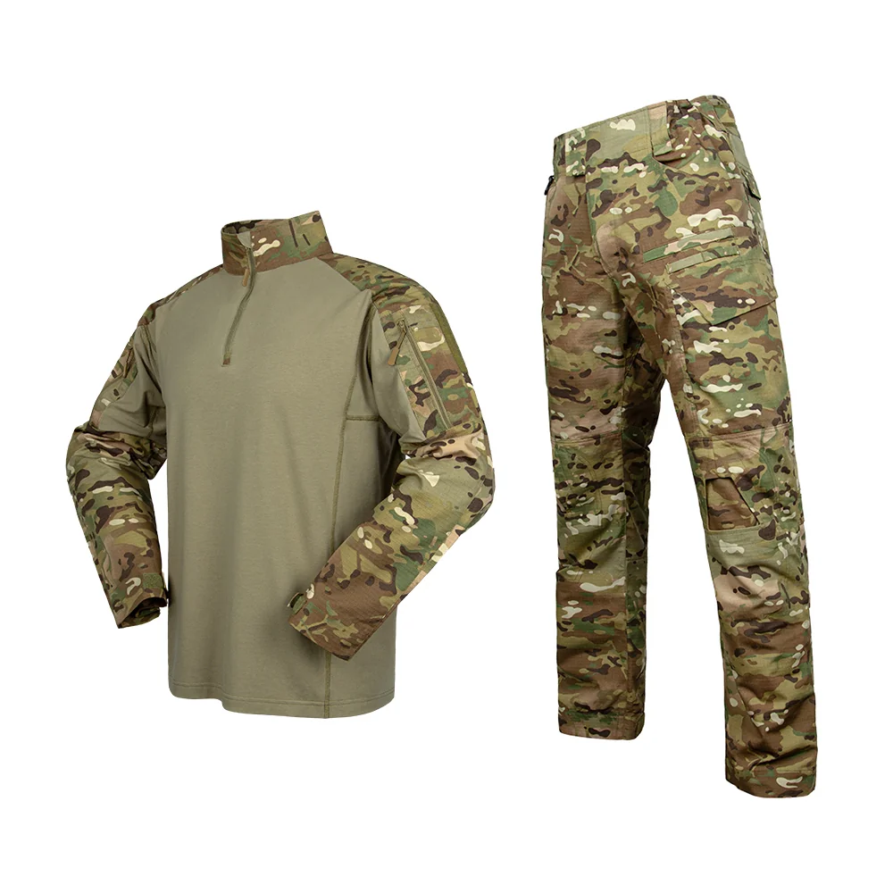 Multicam camouflage tactical suit with long sleeve combat shirt and cargo pants, designed for durability, breathability, and outdoor performance.