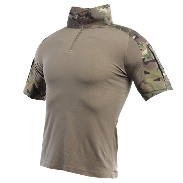Breathable CP camo tactical shirt with short sleeves, perfect for outdoor training, airsoft, and combat activities.