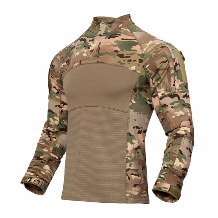 Durable tactical long sleeve shirt in CP camouflage, designed with breathable knit fabric and reinforced sleeves. Ideal for outdoor, military, and airsoft use.
