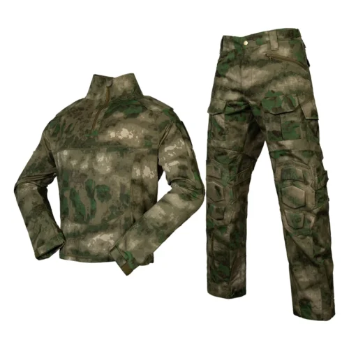 Forest green camouflage tactical suit with reinforced stitching, breathable shirt, and cargo pants for outdoor combat training.