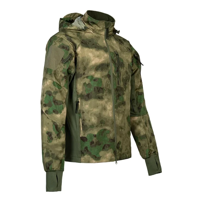 Side angle of FG camo tactical winter jacket. Windproof and insulated with multiple pockets, perfect for outdoor cold weather and tactical activities.