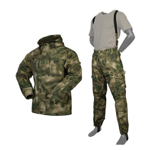 Insulated Gorka suit in FG camouflage, featuring fleece lining, weatherproof fabric, and a functional design for outdoor activities.