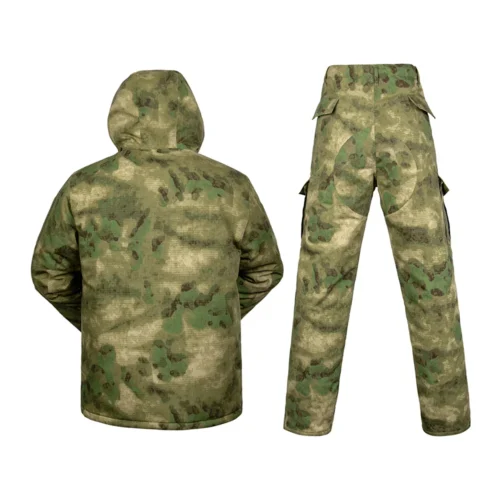 Back view of winter combat uniform. Insulated camouflage jacket with hood and reinforced tactical pants, perfect for outdoor and military use.