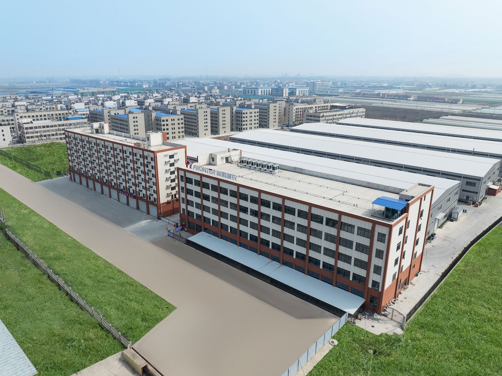 Aerial view of Fronter factory and headquarters - manufacturer of military uniforms, camouflage fabrics and outdoor gear